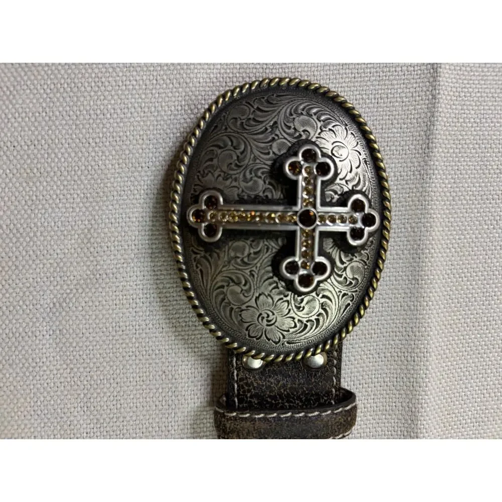 Nocona Belt Women’s L Brown Leather Rhinestone Cross Buckle Western Cowgirl